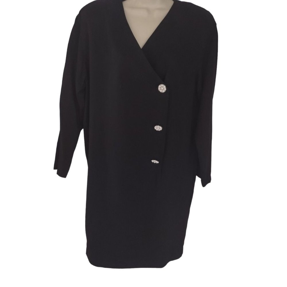 NOS Virgo II 80's Black Button Up Shirt Midi Dress Jeweled Buttons M/L